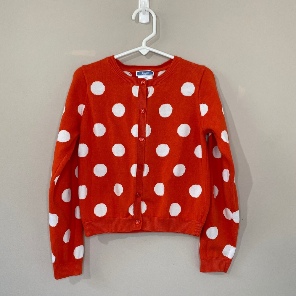 Jacadi Paris Girls Orange Polka Dot Cotton Knit Cardigan Sweater Size 8A 128cm